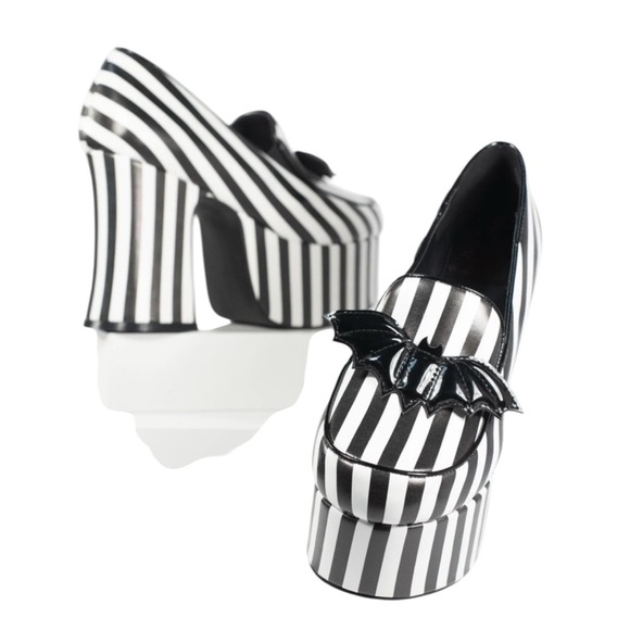 Black and White Stripe Vegan Leather Banshee Platform Heels- 8 - Picture 1 of 16